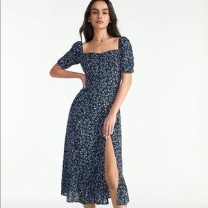 Commense Square Neck Puff Sleeve Floral Slit Dress